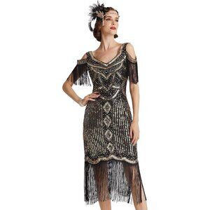 Womens Flapper Dress Vintage 1920s Beaded Sequins Fringe Party Costume